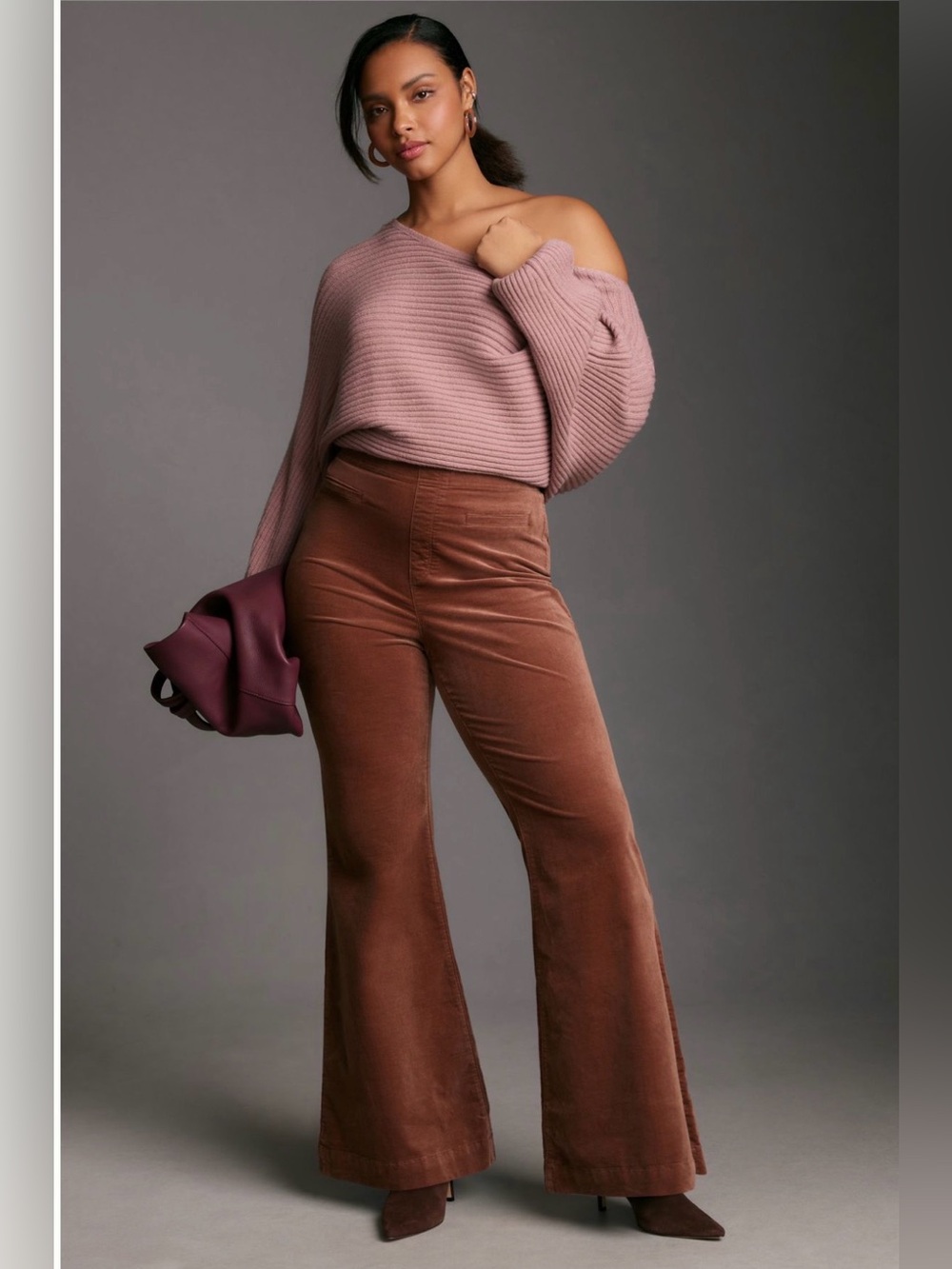 Pilcro Velvet Pull On Midrise Pull On Retro Flare Pants in Fawn Brown Size 16W